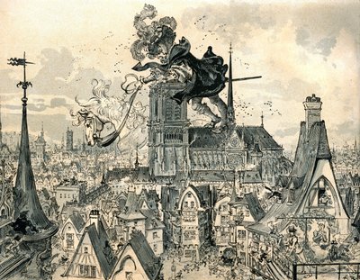 De reus Gargantua springt van zijn paard door Albert Robida
