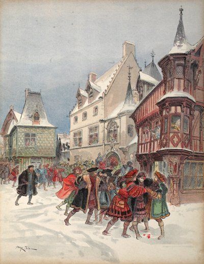 De koning gewond tijdens een schijngevecht in het huis van St. Pol in Romorantin, illustratie uit 
