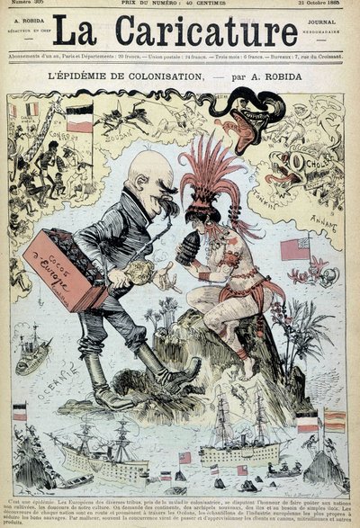 De kolonisatie-epidemie: antikolonialistische tekening door Robida - in "La Caricature" van 31/10/1885 door Albert Robida