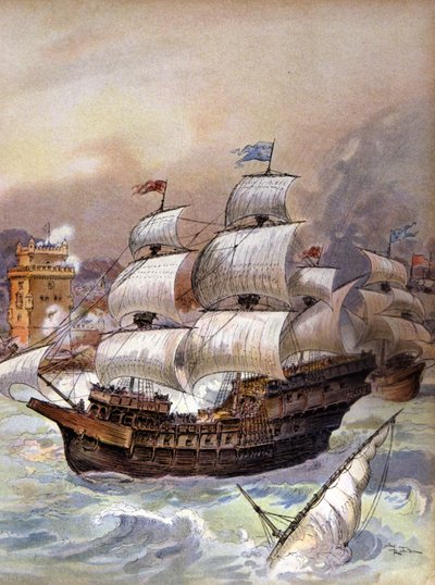 De vloot van Jean Ango blokkeert de Taag en bedreigt Lissabon, ca. 1909 door Albert Robida