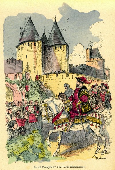 De koning van Frankrijk Francois I arriveert te paard voor de Cite de Carcassonne, Porte Narbonnaise door Albert Robida
