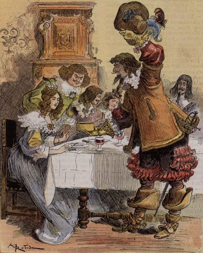 De verlegenheid van kapitein Bellormeau - "Hier is een uitstekend dessert, zegt kapitein Hurtebise". Personage uit het boek van Albert Robida. Omslag "De Kleine Fransman geïllustreerd" van 03/03/1900 door Albert Robida