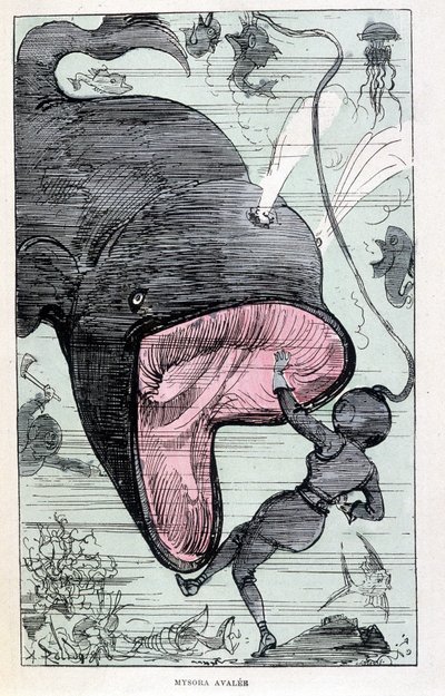 Vrouw in een duikpak wordt opgeslokt door een walvis, parodie op Jules Verne, 