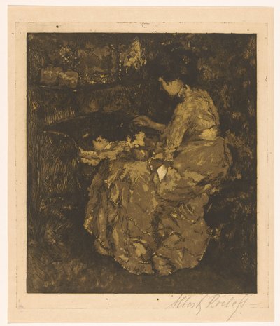 Vrouw die een kind in een wieg pap voert door Albert Roelofs (signed by artist)