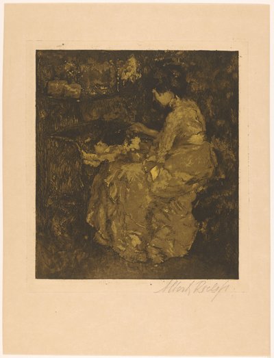 Vrouw die een kind in een wieg pap voert door Albert Roelofs (signed by artist)