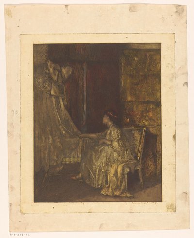 Vrouw die op een stoel naast een wieg zit door Albert Roelofs