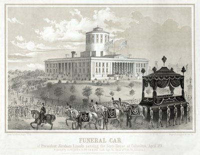 Begrafeniswagen van president Abraham Lincoln passeert het State House in Columbus, 29 april, uitgegeven 1865 (gravure) door Albert Ruger