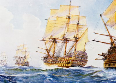 18e-eeuwse schepen in een enkele rij op stuurboord, aquarel door Albert Sebille (1874-1953), 20e eeuw door Albert Sébille