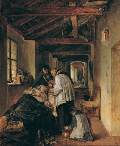 Een gewonde officier krijgt de laatste sacramenten door Albert Schindler