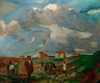 Voorstadshuizen (met mensen en schaapskudde) door Albert Weisgerber