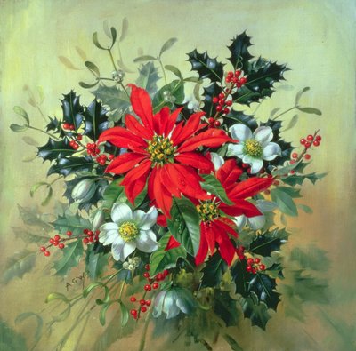 Kerstarrangement met hulst, maretak en andere winterbloemen door Albert Williams