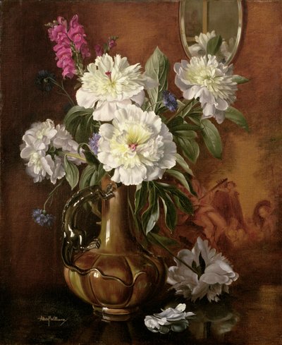 Witte pioenen in een geglazuurde Victoriaanse vaas door Albert Williams