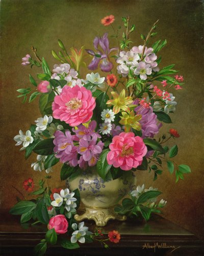 Bloesem, iris en pioenen in een keramische vaas door Albert Williams