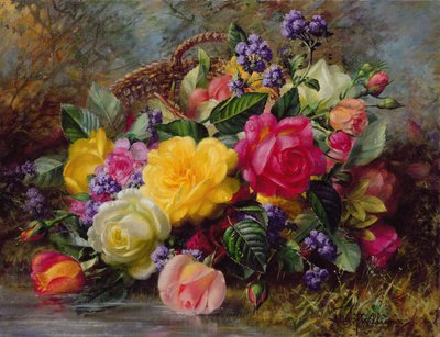 Rozen bij een vijver op een grasrijke oever door Albert Williams