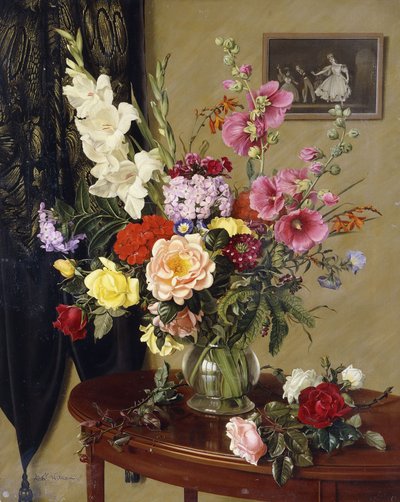 Stilleven met Gladiolen, Rozen en Stokrozen voor een Geborduurd Gordijn door Albert Williams
