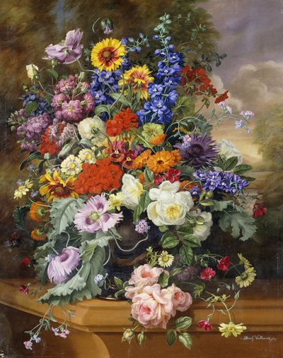 Stilleven met rozen, riddersporen, klaprozen en goudsbloemen op een richel door Albert Williams