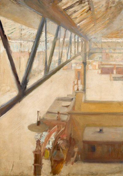 Zicht op een treinstation, ca. 1900 door Albert de Belleroche