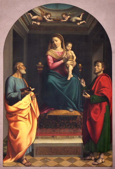 Madonna met Sint Petrus en Sint Lucas, eerste twintig jaar van de 16e eeuw door Albertino (attr.to) Piazza