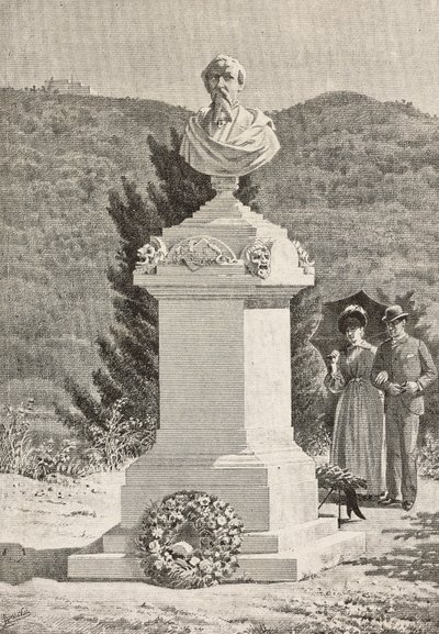 Monument voor Paolo Giacometti (1816-1882) op de begraafplaats van Staglieno, Genua, Italië, gravure naar tekening van Alberto della Valle, uit L