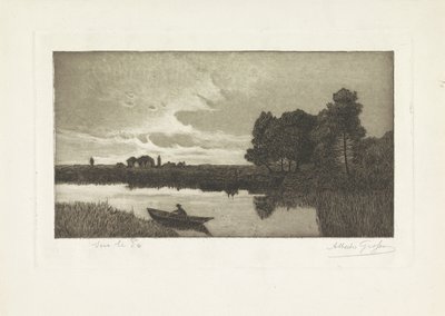 Landschap met visser in een bootje op rivier door Alberto Grosso