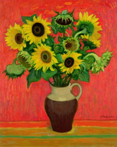 Zonnebloemen op een rode achtergrond door Alberto Morrocco