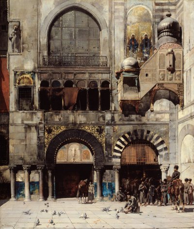 Circassische cavalerie wachtend op hun bevelhebber bij de deur van een Byzantijns monument... door Alberto Pasini