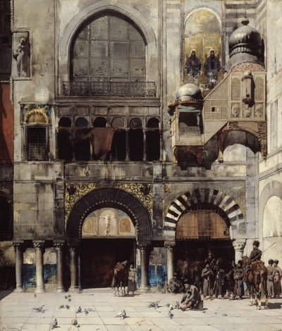 Circassische Cavalerie Wachtend op hun Commandant bij de Deur van een Byzantijns Monument, Herinnering aan het Oosten door Alberto Pasini