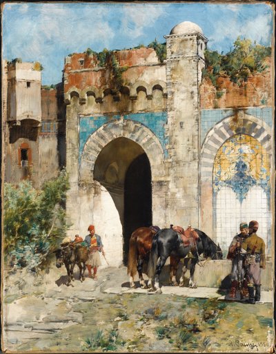 De paarden water geven, 1880 door Alberto Pasini