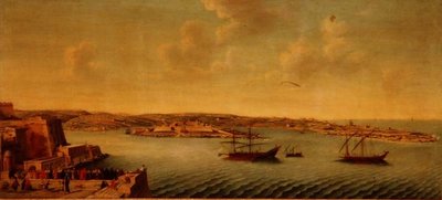 Uitzicht op Valetta met schepen van de Orde van de Ridders van Sint-Jan door Alberto Pullicino