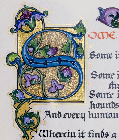Foto van kalligrafie detail van letter S op een verluchte pagina uit een boek van Shakespeare door Alberto Sangorski
