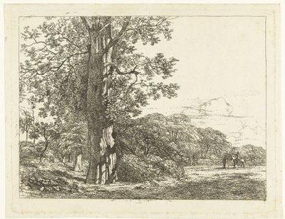 Landschap met grote beukeboom en ruiter in gesprek met man door Albertus Brondgeest