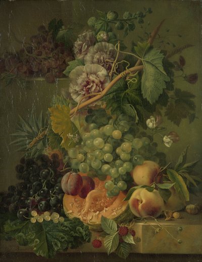 Stilleven met bloemen en fruit door Albertus Jonas Brandt