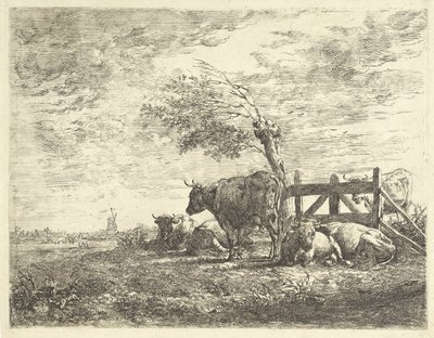 Koeien bij een hek en een knotwilg door Albertus Verhoesen