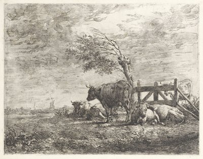 Koeien bij een hek en een knotwilg door Albertus Verhoesen