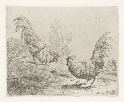 Twee vechtende hanen door Albertus Verhoesen