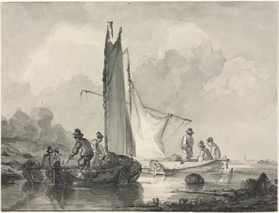 Rivierlandschap met visser en drie boten door Albertus van Beest