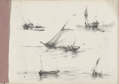 Studieblad met zeilschepen op het water door Albertus van Beest