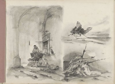 Studieblad, onder andere met een aangespoeld scheepswrak voor een kust door Albertus van Beest