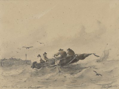 Vier mannen in een roeiboot door Albertus van Beest