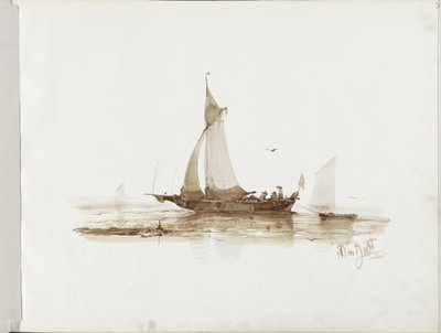 Zeilschip met figuren op het water door Albertus van Beest