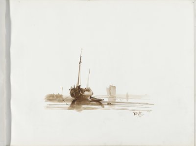 Zeilschip voor anker voor een kust door Albertus van Beest