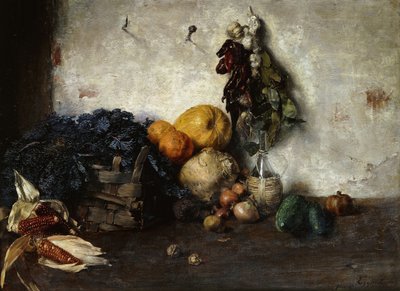 Een stilleven van groenten bij een muur door Albin Egger Lienz