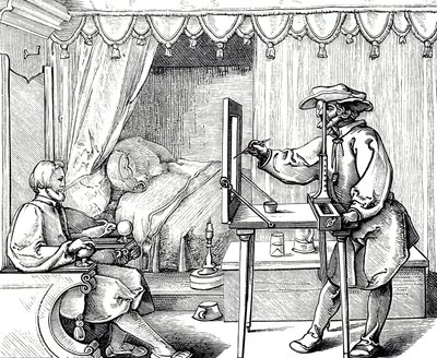 Houtsnede van een kunstenaar die een hulpmiddel gebruikt om de verhoudingen van een portret correct te krijgen. Gravure door Albrecht Dürer door Albrecht (after) Durer or Duerer
