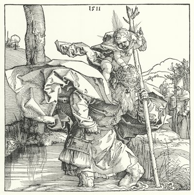 Sint Christoffel die het Christuskind draagt door Albrecht (after) Durer or Duerer
