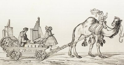 De organist Paul Hoffaner speelt in een koets getrokken door een kameel (gravure) door Albrecht (after) Durer or Duerer
