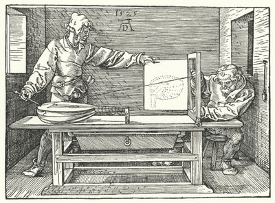 Het gebruik van snaren om een perspectiefbeeld van een luit te construeren door Albrecht (after) Durer or Duerer
