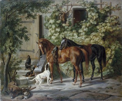 Paarden op de veranda door Albrecht Adam