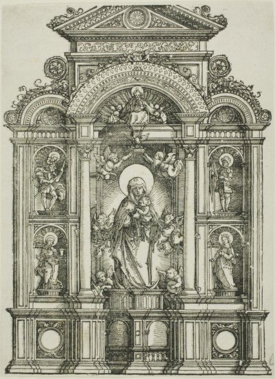 Altaarstuk met de mooie maagd van Regensburg en de heiligen Christophorus, Maria Magdalena, Florianus en Catharina staand in nissen, met God de Vader erboven door Albrecht Altdorfer