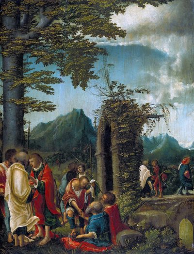 Duits: Der Abschied der Apostel in waldiger Landschaft Communion der Apostelen / Apostelen in een bosrijk landschap door Albrecht Altdorfer
