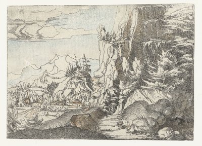 Landschap met donkere rotswand door Albrecht Altdorfer